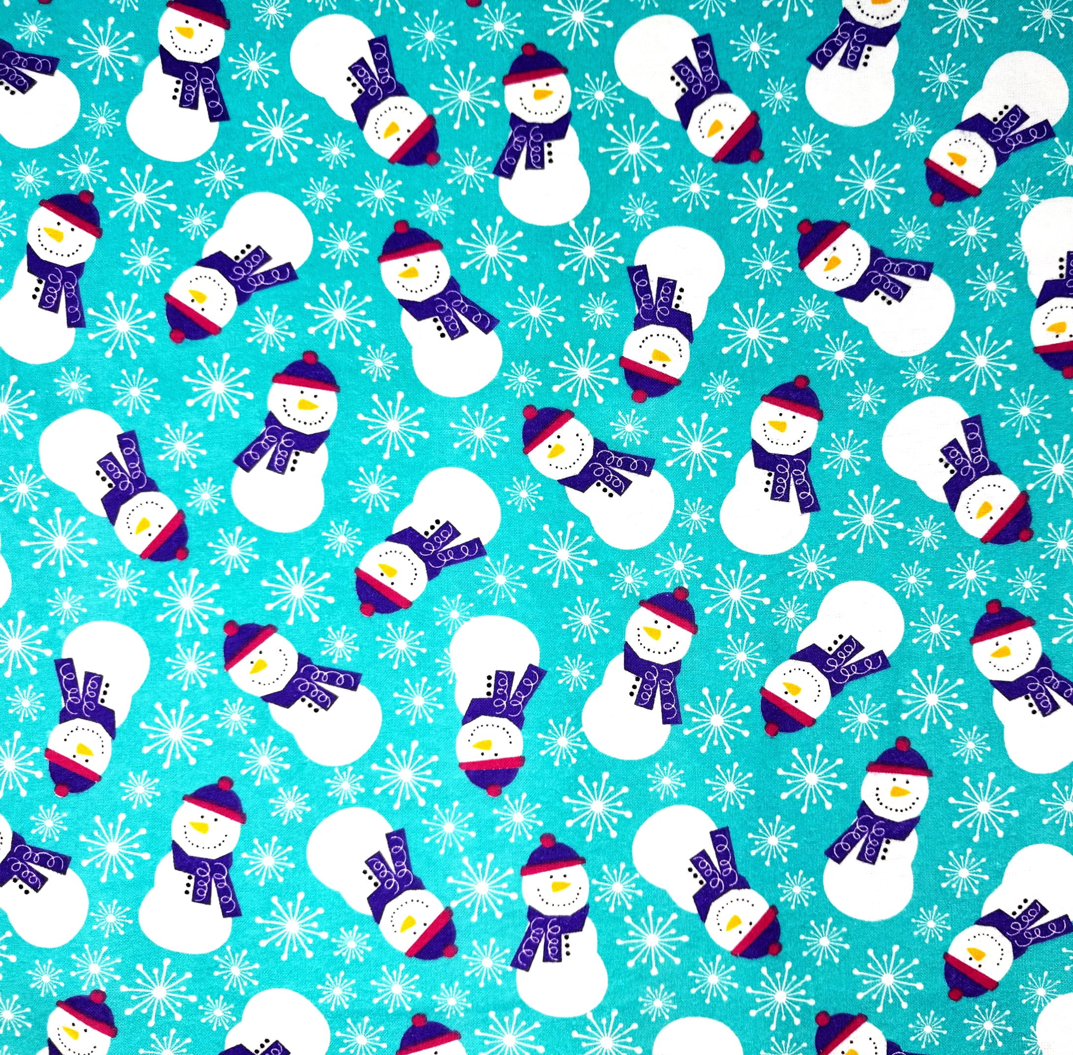 1 Yard - Happy Snowman & Snowflakes on Turquoise Blue Flannel Cotton Fabric (Great for Sewing, Craft Projects, Throw Pillows & More) 1 Yard X 44" Wide