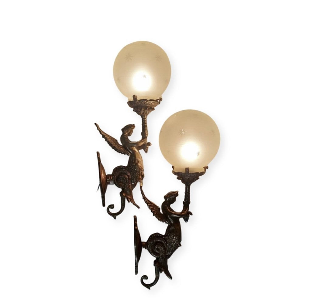 Pair Of Antique Vintage Old Art Nouveau Brass Mermaid Wall Sconces Fixture Light Lamp