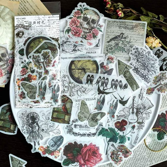 60pcs Laptop Stickers, Doraking DIY Decorative Retro Elements Mushroom Butterflies Plants Set Washi Stickers for Laptop Envelop, Scrapbook, Luggage, Windows, Glasses, Friendly to Kids (Old Times)