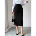 thumbnail image 2 of Black High-Waist Midi Bodycon Skirt With Pleated Hem And Button Details, 2 of 7