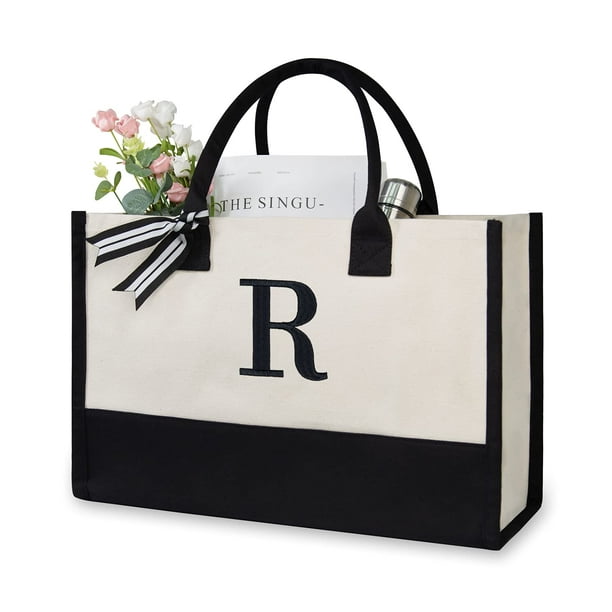 Bolsa de tela con diseño superior, 43 x 30 x 20 cm, letra R bordada