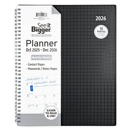 See it Bigger Monthly Weekly Planner Large (9" x 11") Black 15-Month, Oct 2025-Dec 2026