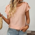 thumbnail image 5 of CAIVO Women Shirts Casual Solid Color Blouse Jacquard Hollow Short Sleeved Tops O-Neck Relaxed Fit Shirts, 5 of 7