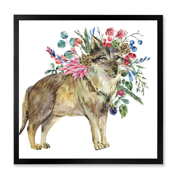 Designart 'Wolf With Woodland Flowers On White' Farmhouse Framed Art Print