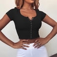 thumbnail image 2 of Women Short Sleeve Solid Color Crop Top Summer Round Neck Buttons, 2 of 4