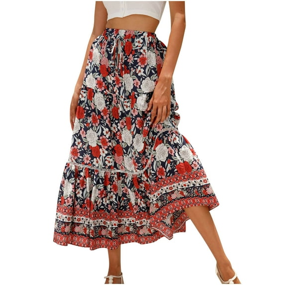 IROINNID Long Elastic Waist Skirt For Women Summer Fashion Skirt High Waist Swing A-Line Skirts Print Skirt