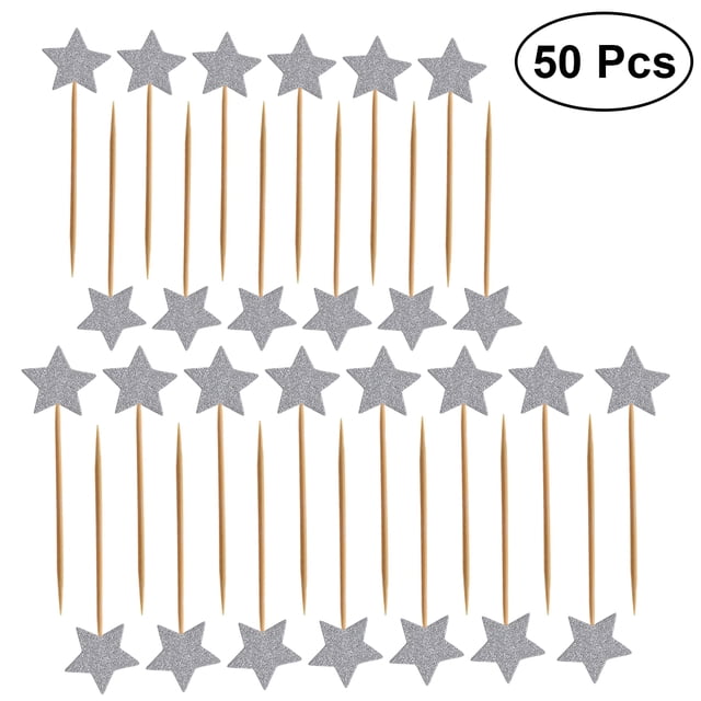 EeaseMX 50 adornos con estrellas brillantes para cupcakes, postres, cumpleaños, bodas, fiestas (plateados)