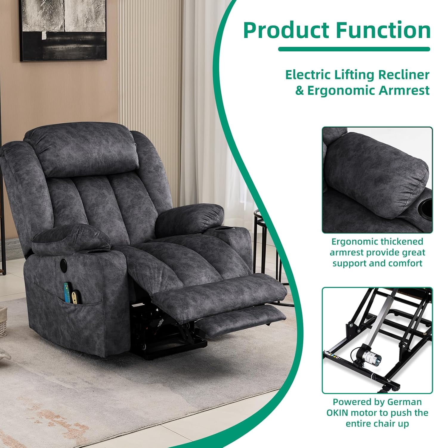 VIVIJASON Tall Man Large Power Lift Recliner Chair with Heat and Massage for Elderly, Overstuffed Wide Electric Lift Recliner w/Extended Footrest, 2 Cup Holder, USB Ports & Side Pockets, Fabric Grey