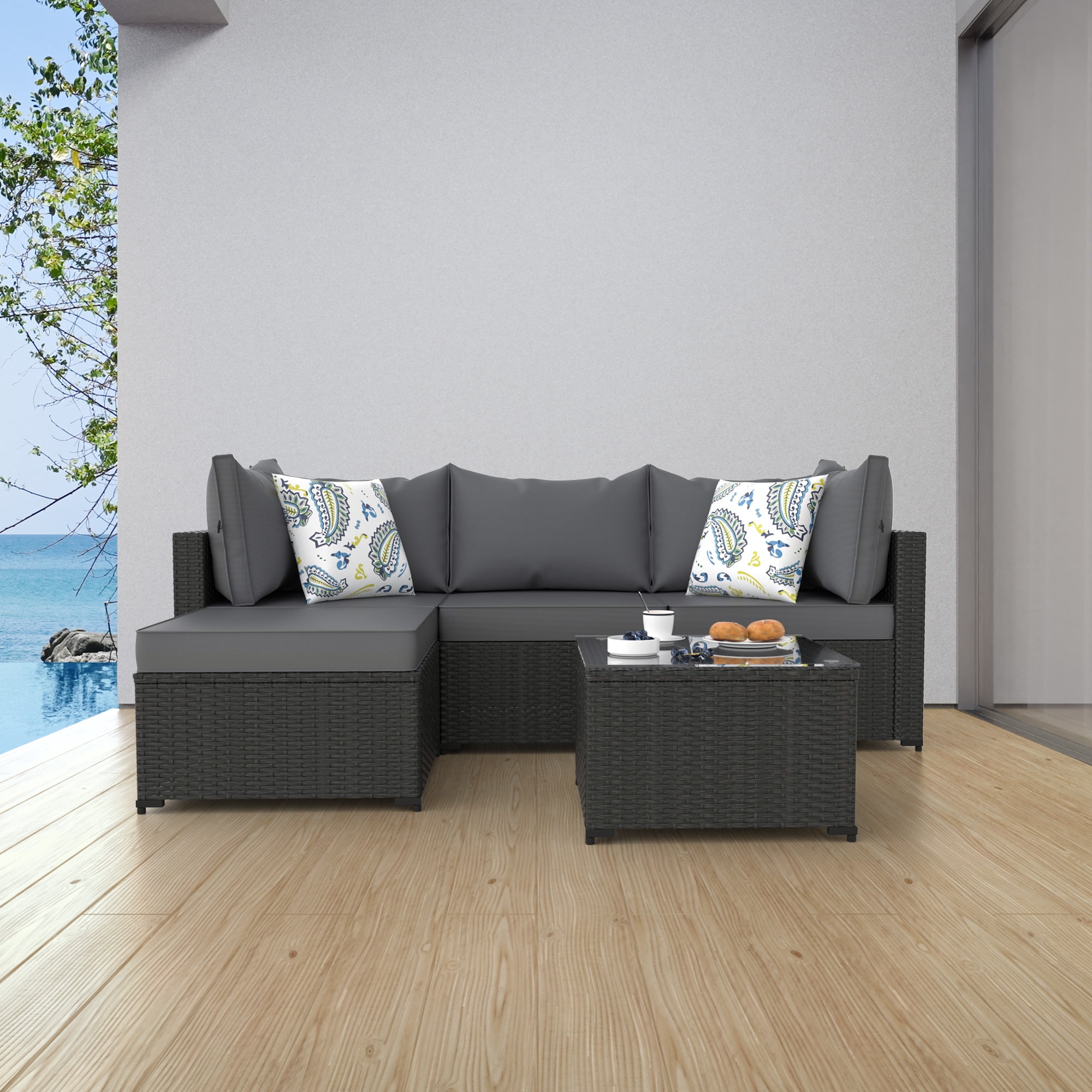 Phonjoroo 5PCS Patio Furniture Sets All Weather Outdoor Sectional Sofa Manual Weaving Wicker Rattan Outdoor Conversation Set with With Cushion And Glass Table, Gray
