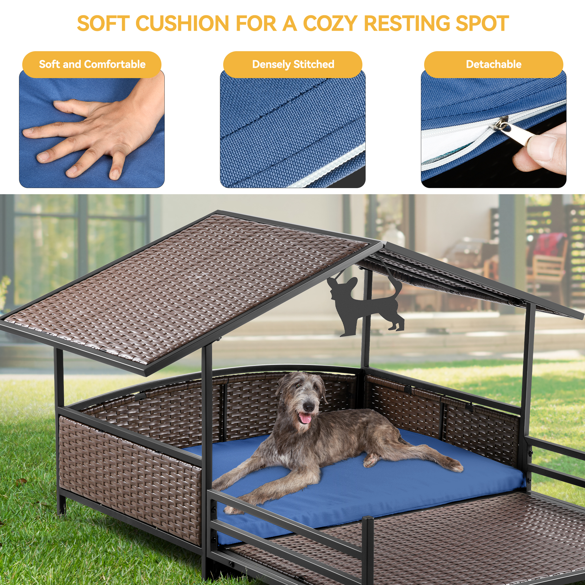 Dextrus 32.9in Outdoor Rattan Dog House with Canopy, Water-Resistant Dog Bed with Blue Cushion for Small, Medium, Large Dogs,Brown&Blue