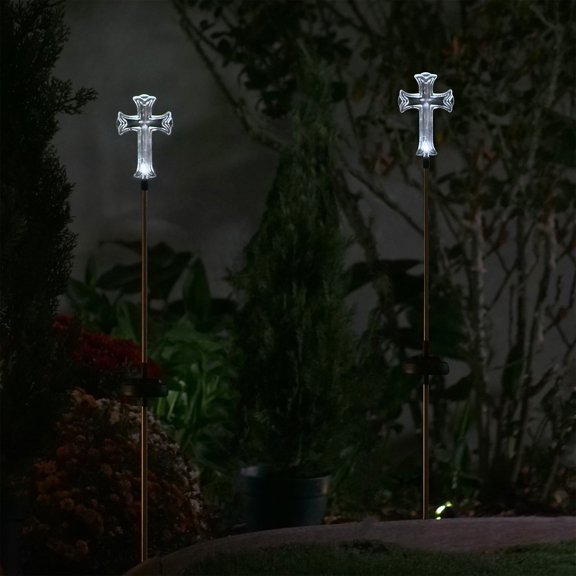Alpine Corporation 34" Outdoor Solar Cross LED Light Pathway Stakes, Set of 2, White/Black