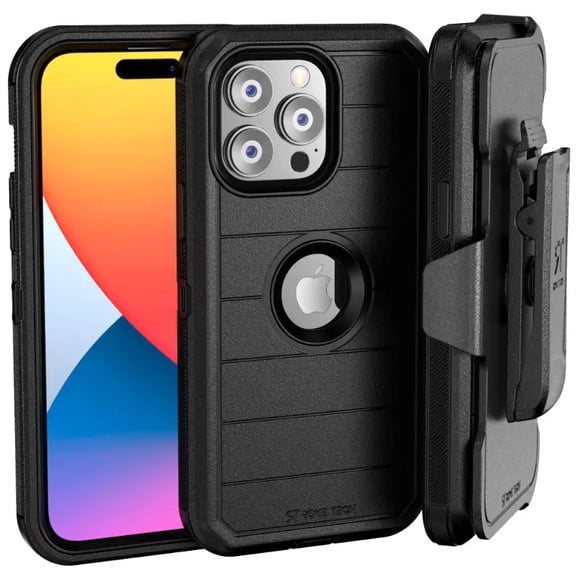 Rome Tech Defender Case for iPhone 15 Pro with Belt Clip, Kickstand, Screen Protector, Black
