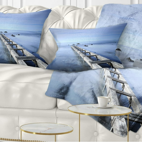 Designart Dark Blue Sky and Large Pier - Seascape Throw Pillow - 12x20
