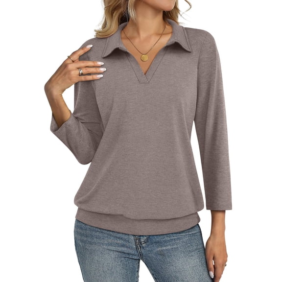 Womens Polo Shirts 3/4 Sleeve Banded Bottom Tops Business Casual Tops Collared V Neck Blouses Light Brown L
