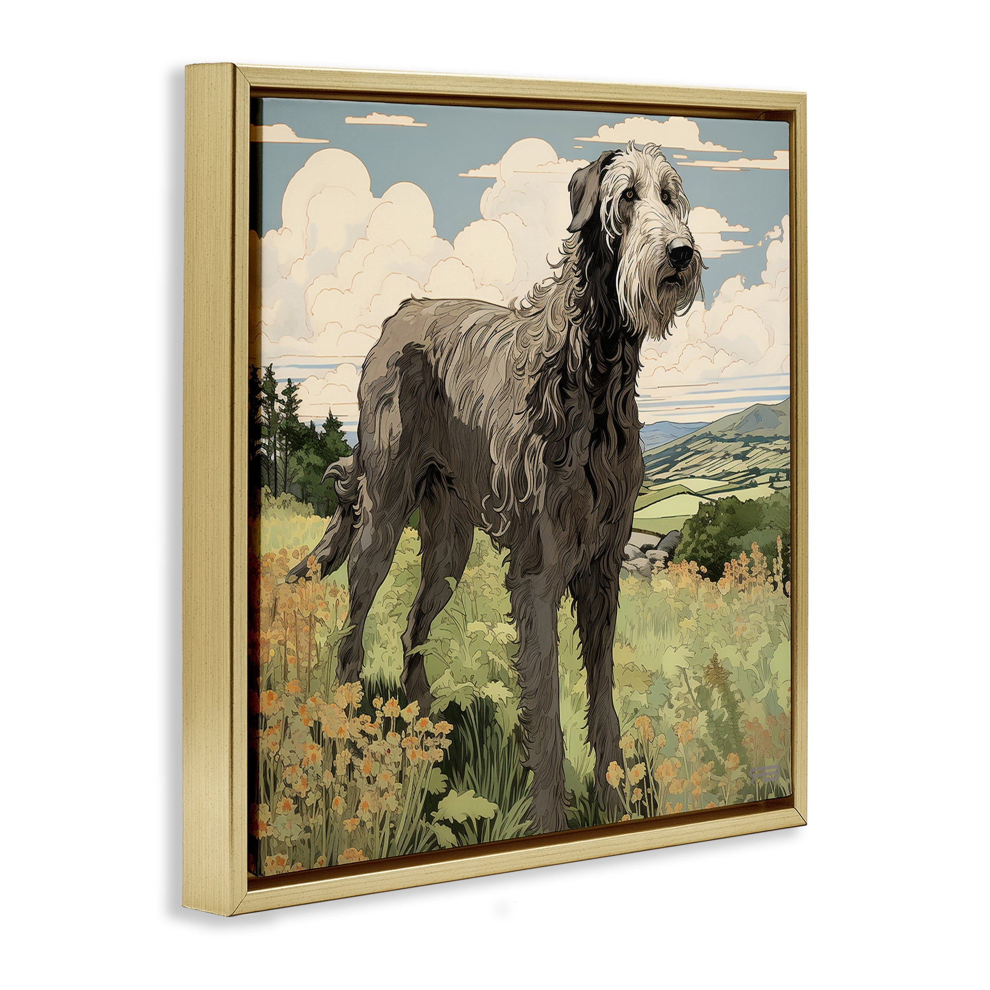 Stupell Industries Countryside Landscape Dog Landscape Painting Gold Floater Framed Canvas Art Print Wall Art, 25 x 25