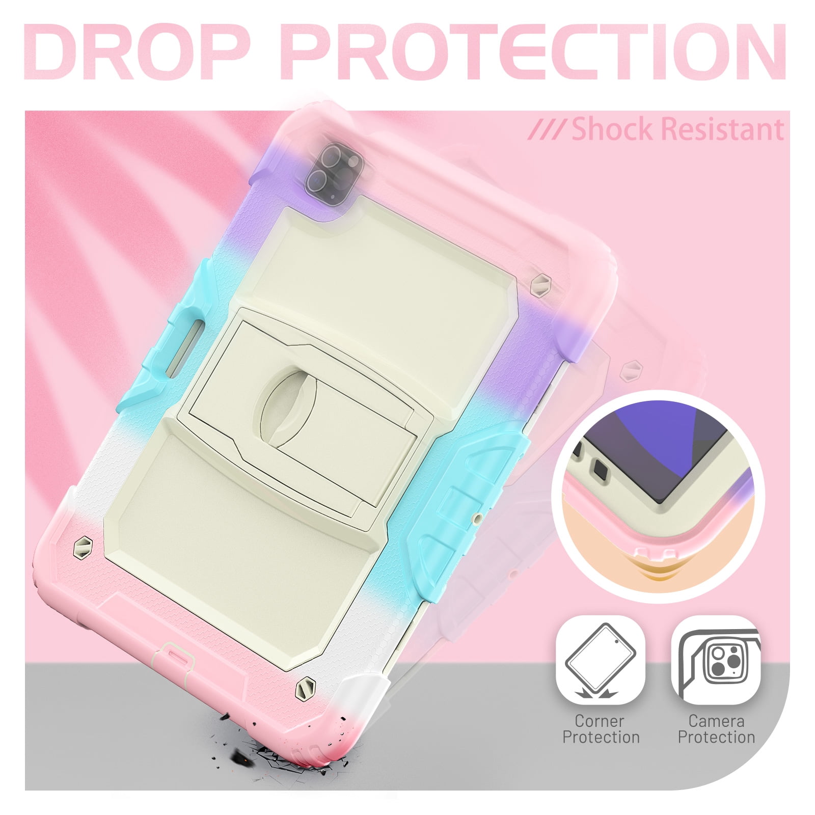 Allytech Shockproof Case for Apple iPad Pro 12.9 Inch 2022/2021/2020/2018(6th/5th/4th/3rd Gen) with Pencil Holder, Rugged Kickstand Shoulder Strap Kids Case with Screen Protector,Colorful Pink