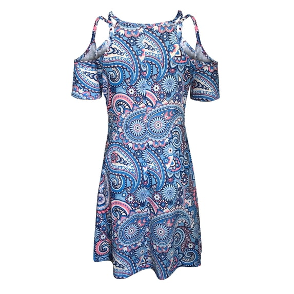 WISEFIN Women Cold Shoulder Short Sleeve Printing A-Line Dress
