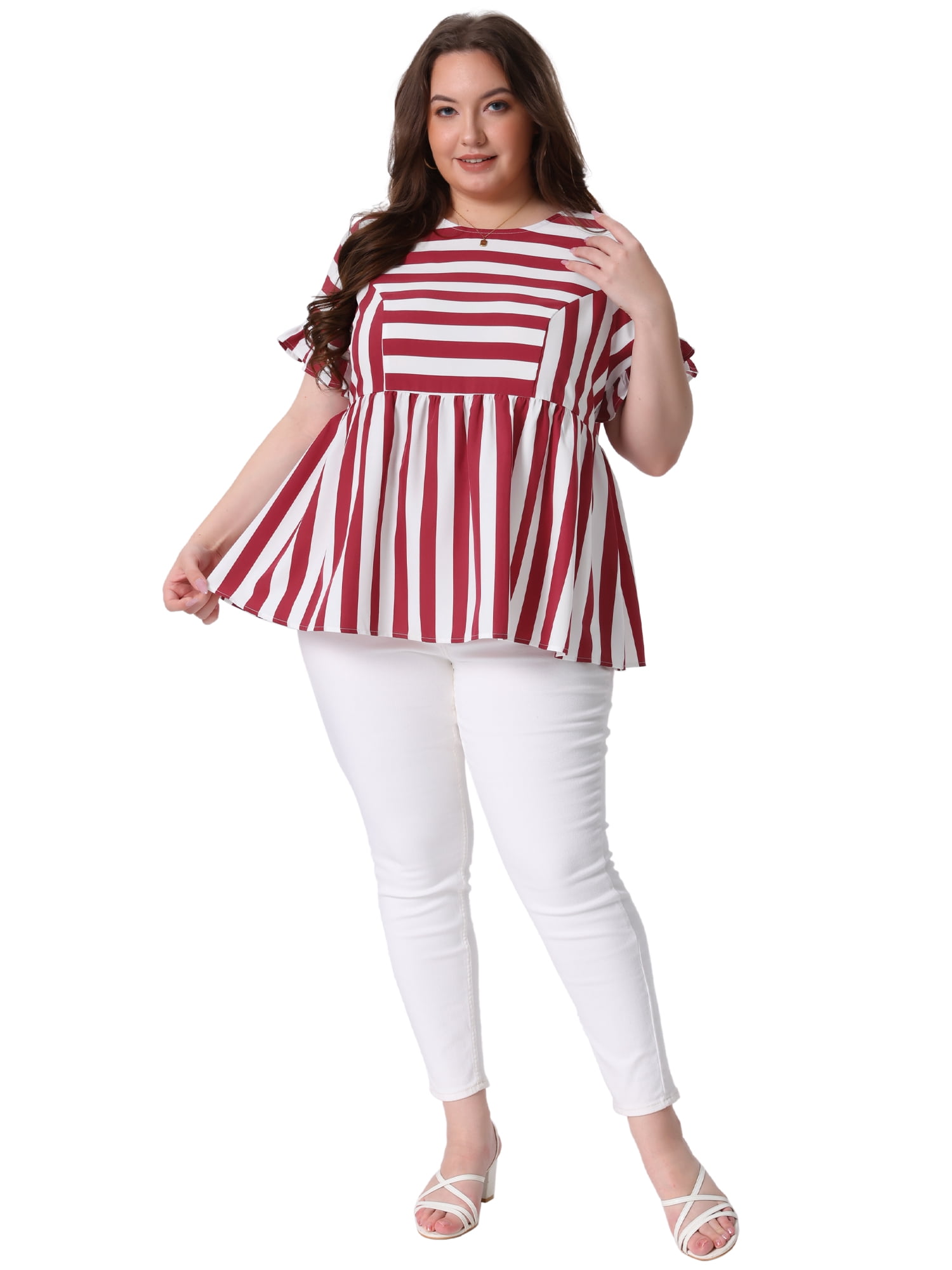 DARING DIVA Women's Plus Babydoll Ruffle Peplum Top 2X Red White