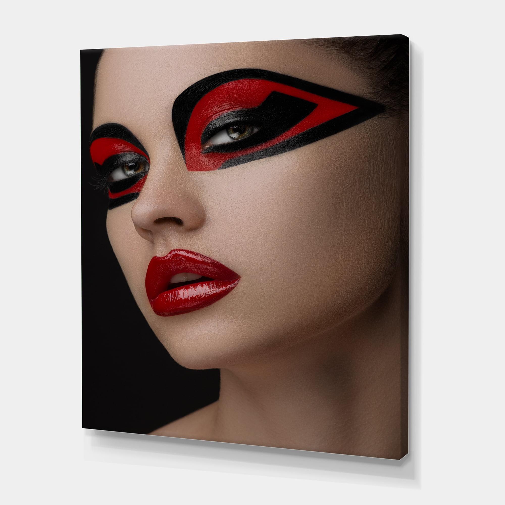 Designart ' Red Lips Black Makeup On The Eyes of Mask Girl ' Modern Canvas Wall Art Print