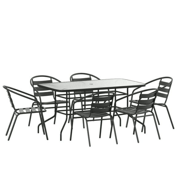 Flash Furniture Lila Series 7-Piece Steel/Aluminum Glass Patio Table and Chair Set, Black