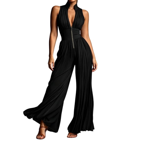 Women's V Neck Wide Leg Jumpsuit with Pleated Details Flowy Casual Romper Black L
