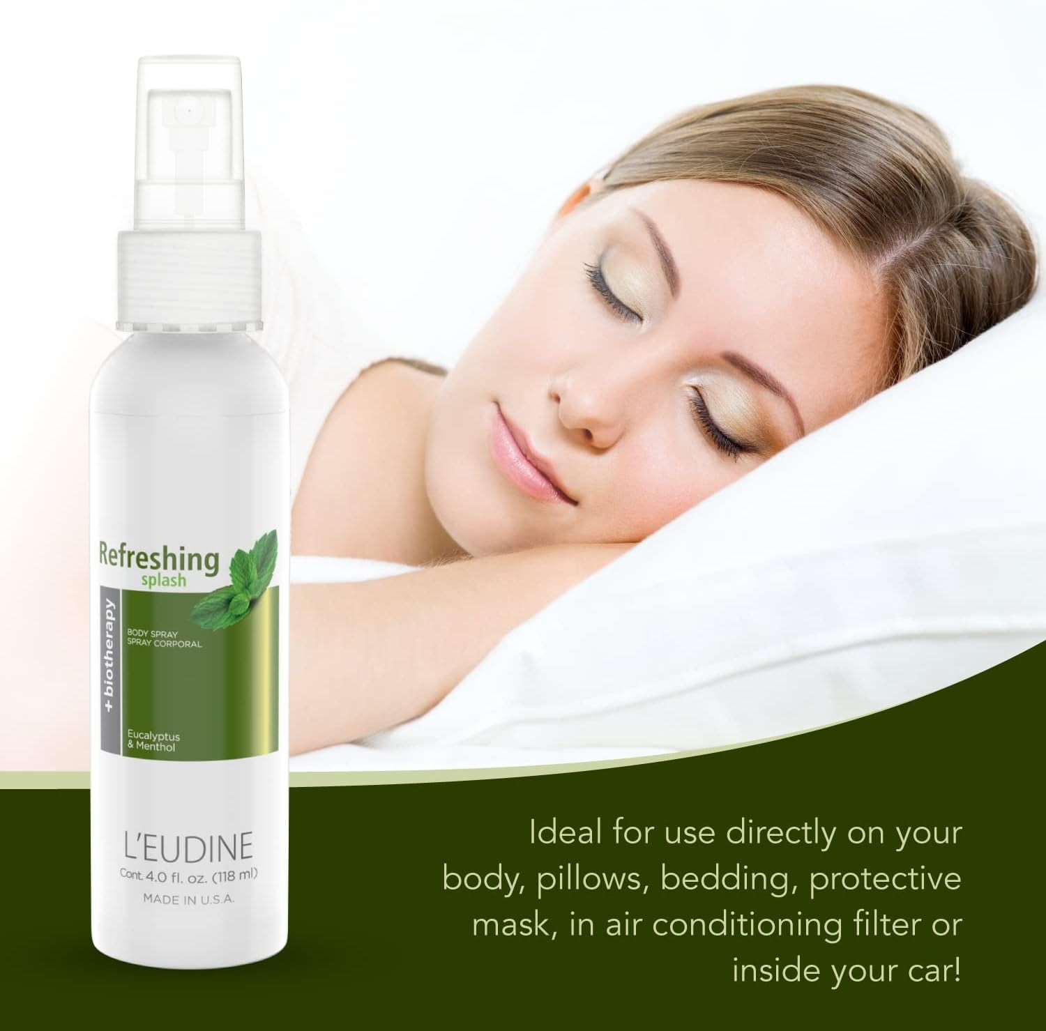 L'EUDINE Refreshing Splash with Eucalyptus Oil, Respiratory Care Body & Room Spray Mint and Aloe Infused, Gentle on The Skin, Multipurpose Small Spaces Air Freshener - 4.0 fl oz