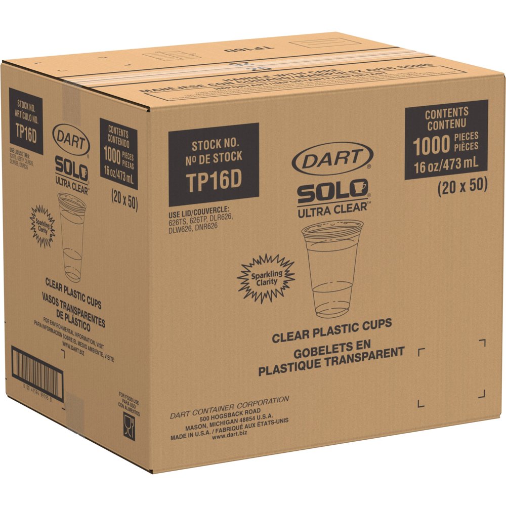 Solo, DCCTP16DCT, UltraClear Plastic PET Cups, 1000 / Carton, Clear, 16