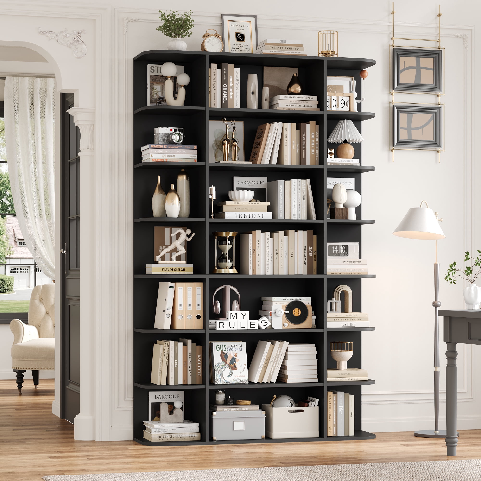 Homfa 7-Tier Triple Wide Bookcase, 84.6" Tall Bookshelf with Curved Display Shelves for Living Room Home Office Study, Black