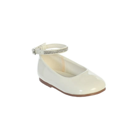 Ivory Patent Footwear - Girls Ivory Patent Rhinestone Encrusted Ankle Strap Flats