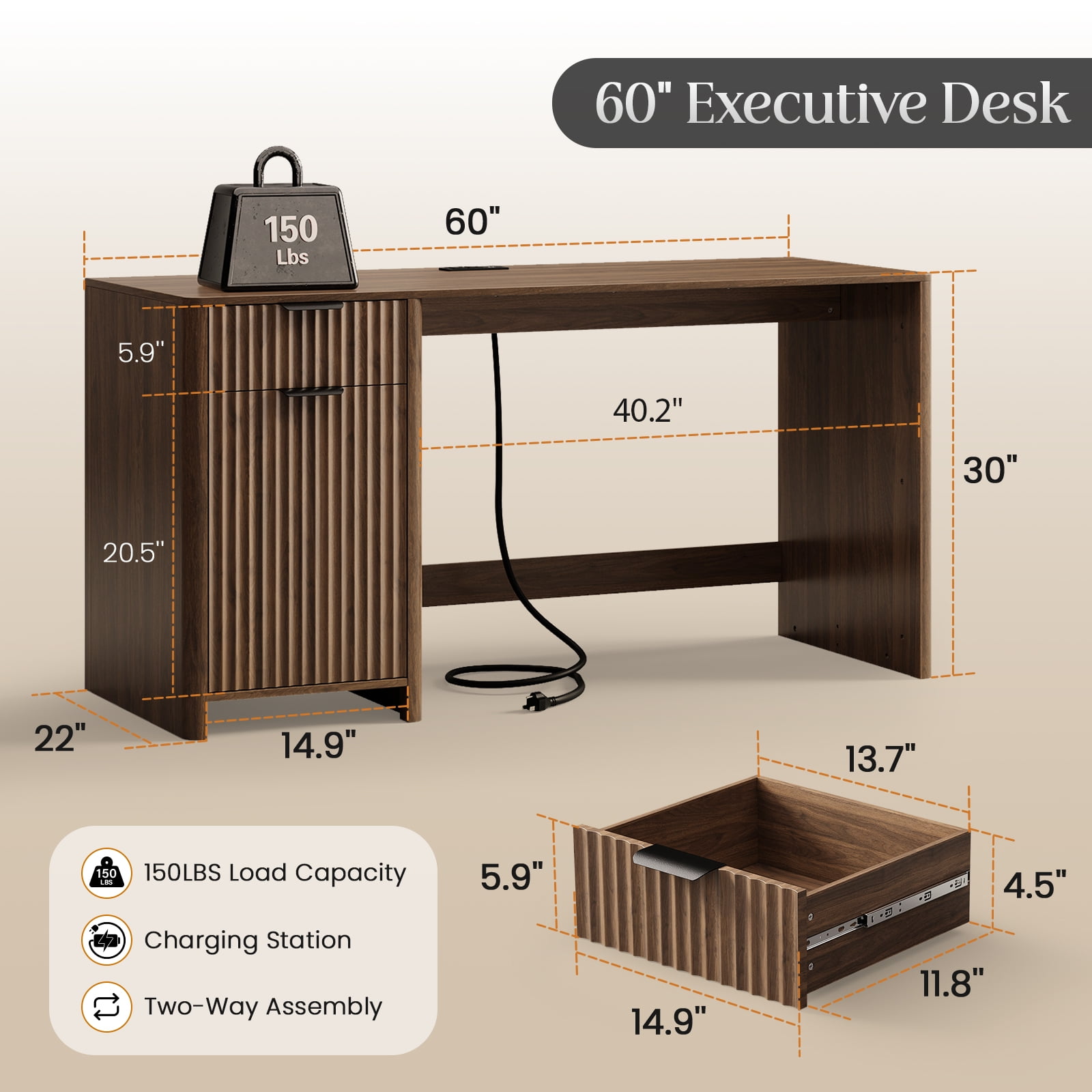 60" Fluted Executive Desk with Storage Modern Home Office Desk with Charging Station Wood Work Desk for Office, Bedroom, Study, Living Room, Walnut