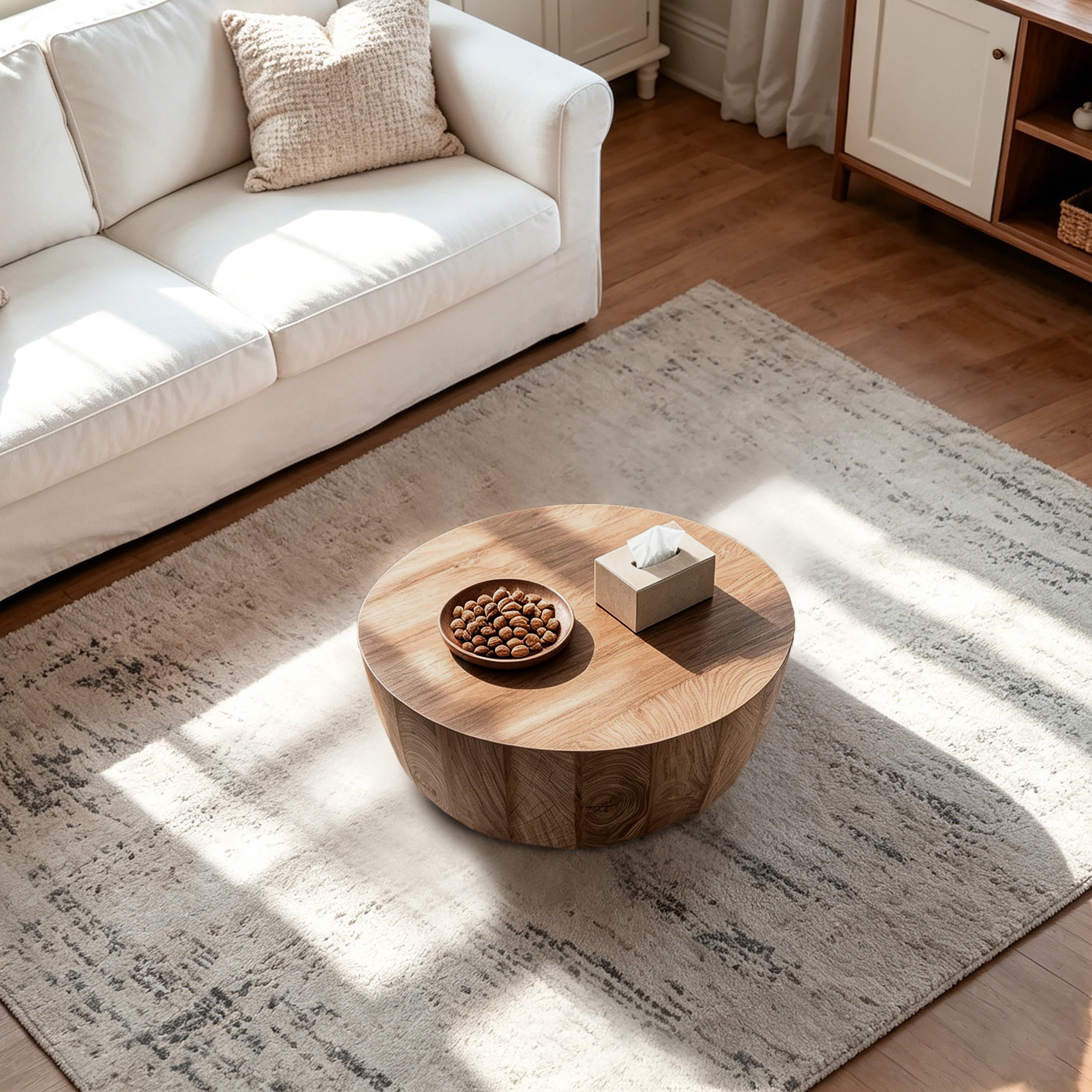 CasaGlajore Round Drum Coffee Table In Natural Finish, Round Coffee Table Made Of High-Quality MDF, Fully Assembled Living Room Table