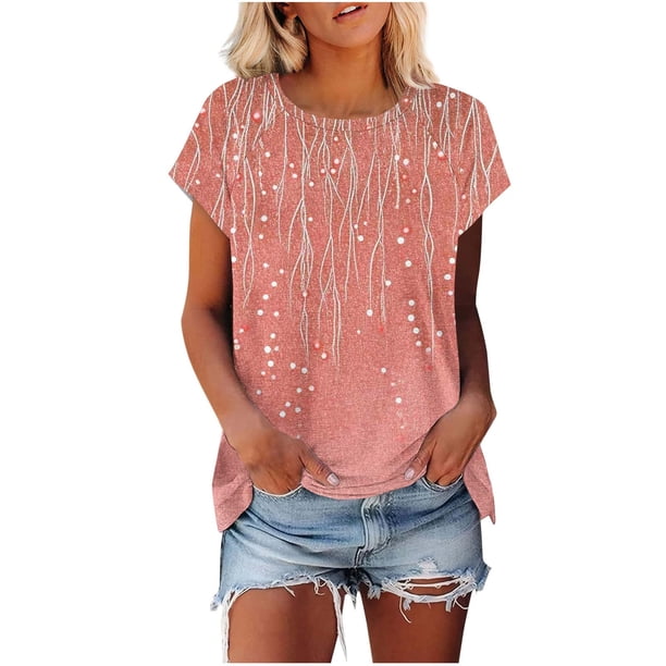 Camiseta de Manga Corta de las Mujeres de Cuello Redondo de Impresión Casual Top de las Señoras, Poliéster Ligero para el Hogar Diario Y Cómodo