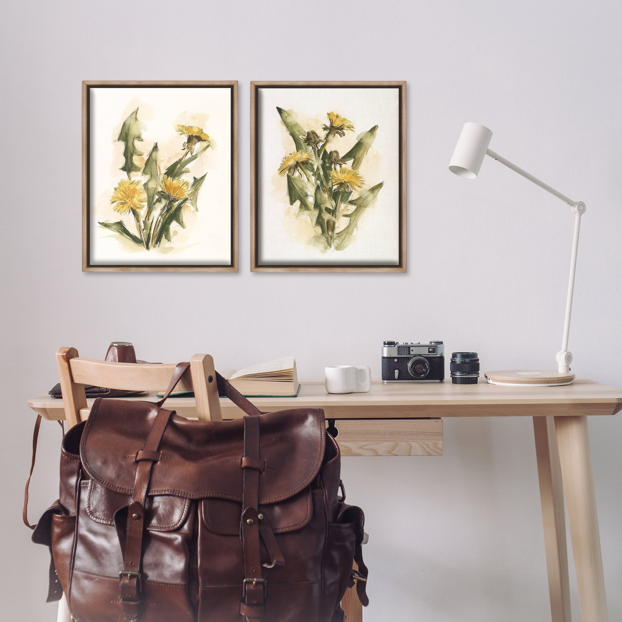 Stupell Industries Dandelion Watercolor Sketch Plants & Flowers Painting Brown Floater Framed Canvas Art Print Wall Art, 17 x 21, Set of 2