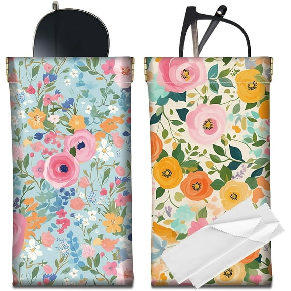 2Pcs Portable Slim Glasses Case Soft Leather Sunglasses Case Bag Colorful Flowers Squeeze Top Eyeglasses Holder Pouch Travel Waterproof with Cleaning Cloth Gift for Women Men 7x3.5 Inch