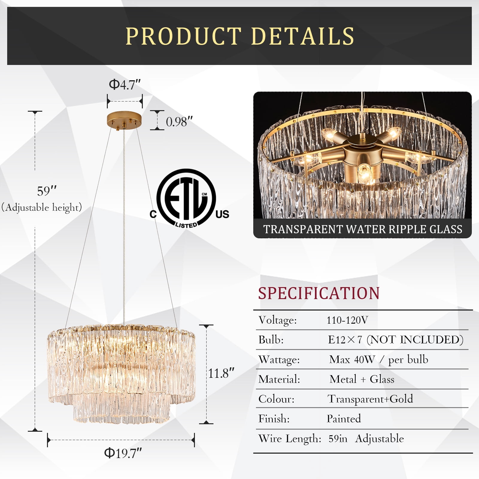 Modern Gold Crystal Chandeliers, 20” 7-Light Crystal Glass Ceiling Pendant Light Fixtures Luxury Round Chandelier 2 Tiers Hanging Lighting for Dining Room Foyer Living Room Bedroom