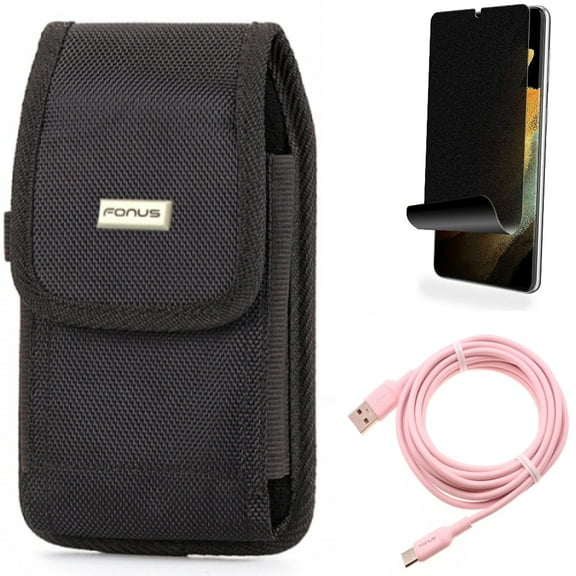 Privacy Screen Protector & 10ft Long USB-C Cable & Case Belt Clip for Samsung Galaxy S21 Ultra Phone - TPU Film Fingerprint Works & Pink Charger Cord & Swivel Holster Accessory Bundle