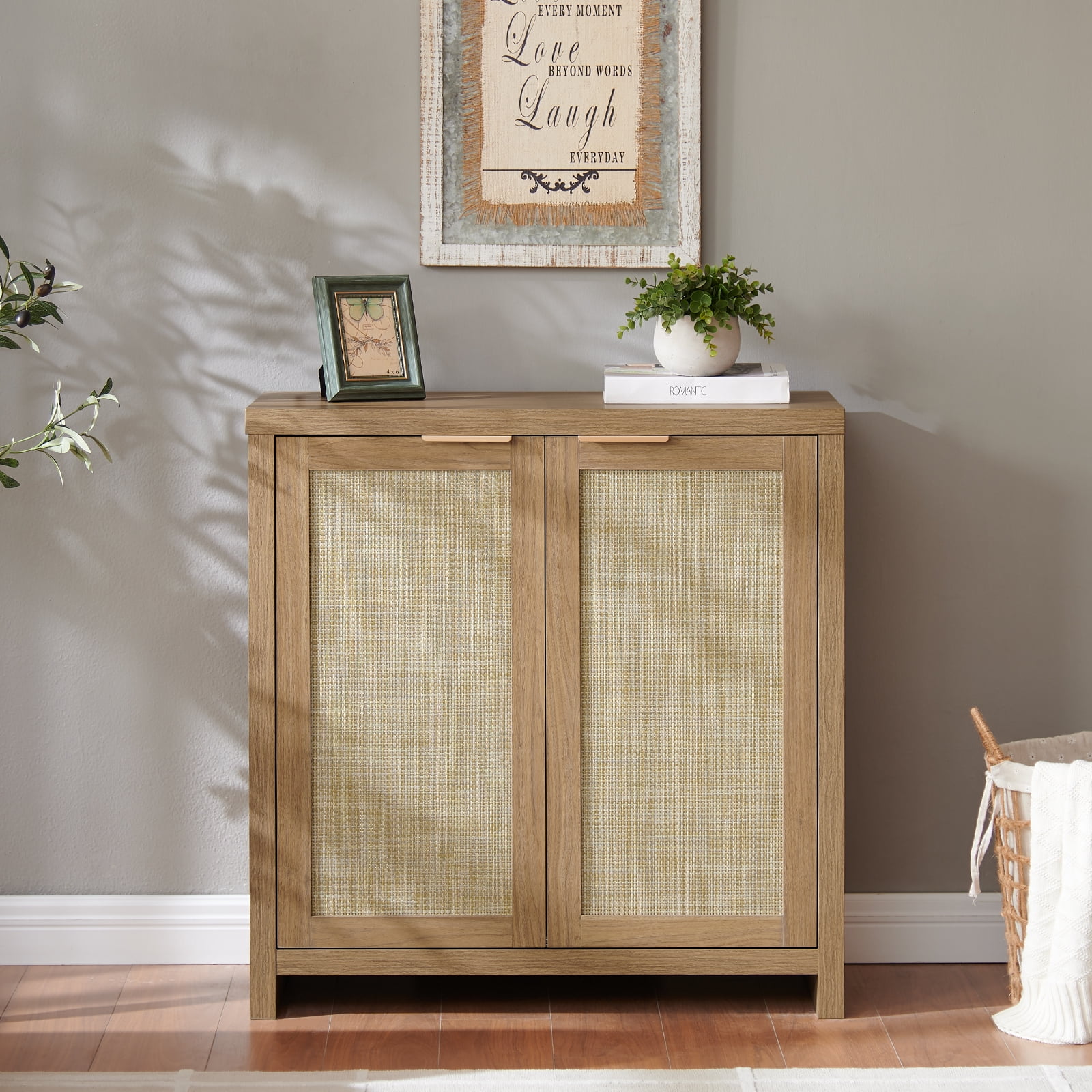 ARKANTOS Sideboard Buffet Cabinet with Large Storage, Boho Rattan Coffee Bar Cabinets with Adjustable Shelves, Buffet Console Table for Kitchen Living Room Hallway, Oak