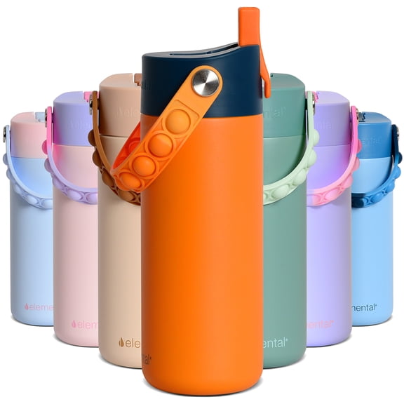 Elemental Kids Core Water Bottle 18oz Stainless Steel Orange Tie Dye Water Bottle with Straw Lid & Pop-It Handle