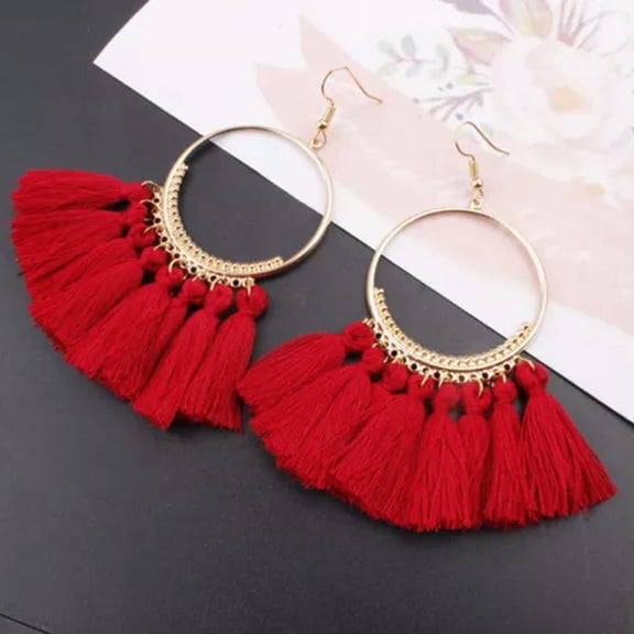HOOUN Bohemia Tassel Earrings Fashion Vintage Dangle Drop Exaggerated Jewelry -red