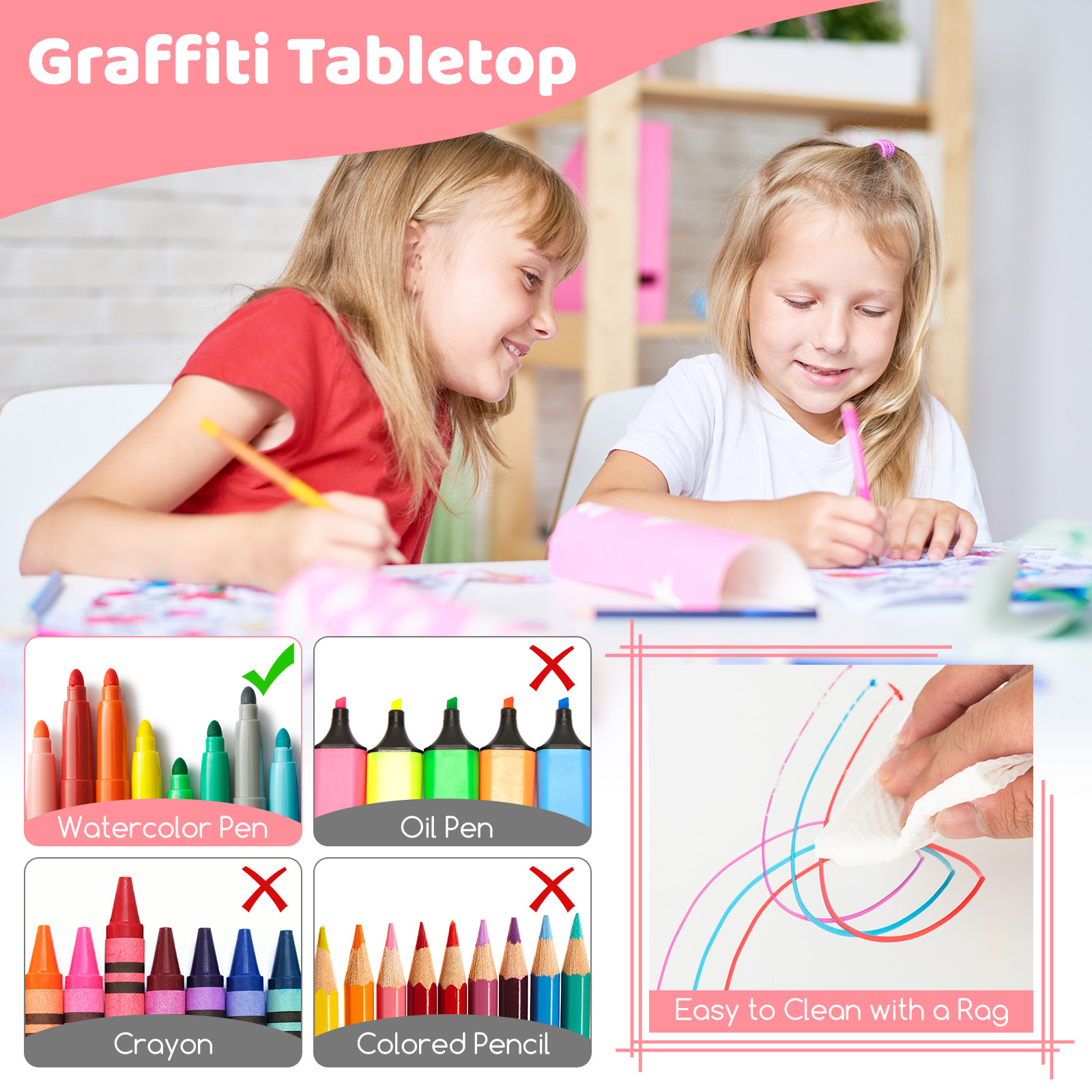 Infans Kids Height Adjustable Table and 4 Chairs Set with Graffiti Desktop Pink