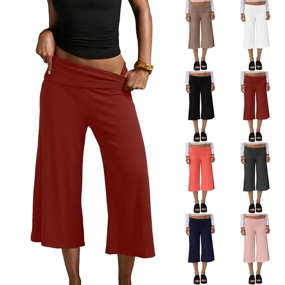 Cropped Pants Womens Casual Wide Leg Low Rise Fold Over Stretch Gaucho Pants for Summer Beach Holiday Streetwear Wine L