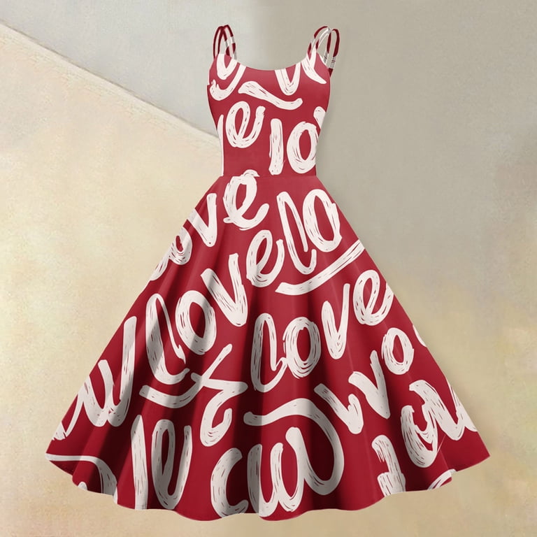 Valentines Day Sleeveless Vintage Dress Heart Print Pattern Casual A-line  Midi Summer Dresses Wine XL - Walmart.com