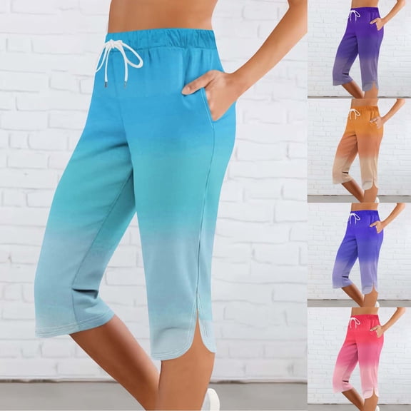 Aboser Women's Knee Length Capri Pants Trendy Tie Dye Beach Pants Drawstring High Waisted Crop Trousers Loose Fit Straight Leg Capris with Pockets