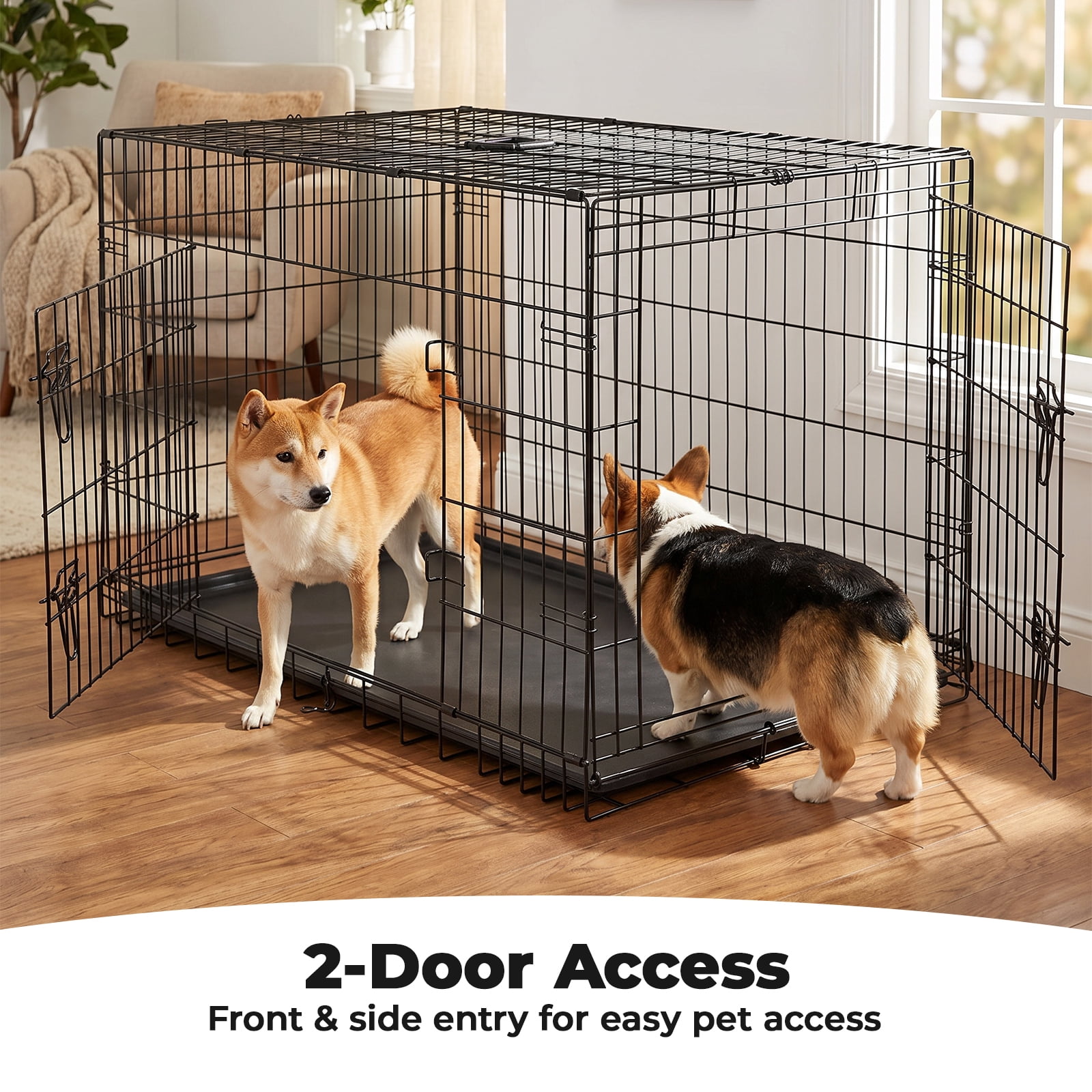 Alvantor 36-48 Inch Double Door Dog Crate - Heavy Duty Foldable Metal Cage with Divider, Removable Tray & Enhanced Safety Design for Large Dogs, Black