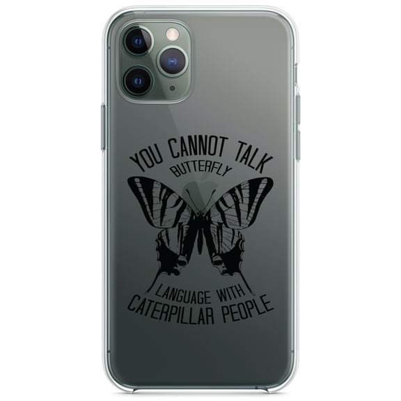 DistinctInk Clear Shockproof Hybrid Case for iPhone 13 Pro MAX (6.7" Screen) - TPU Bumper Acrylic Back Tempered Glass Screen Protector - Can't Talk Butterfly with Caterpillar People