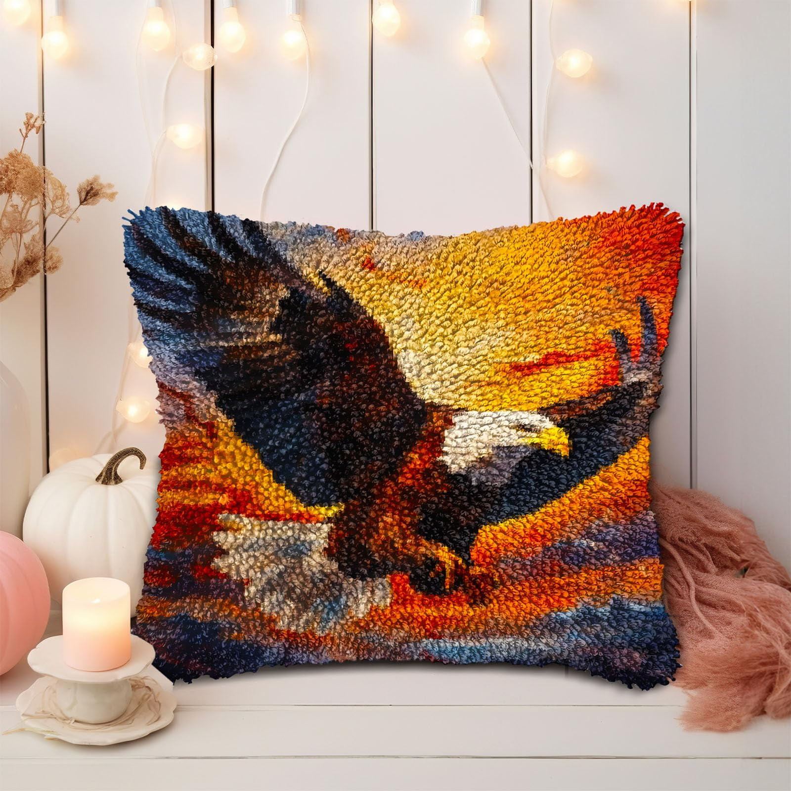 Flying Eagle in Red Cloud Sky DIY Latch Hook Pillow Kits for Adults Printed Pillowcase Crochet Yarns Hooking Handmade Pillow Cover Cushion for Home Sofa Decoration 17x17inch(2)