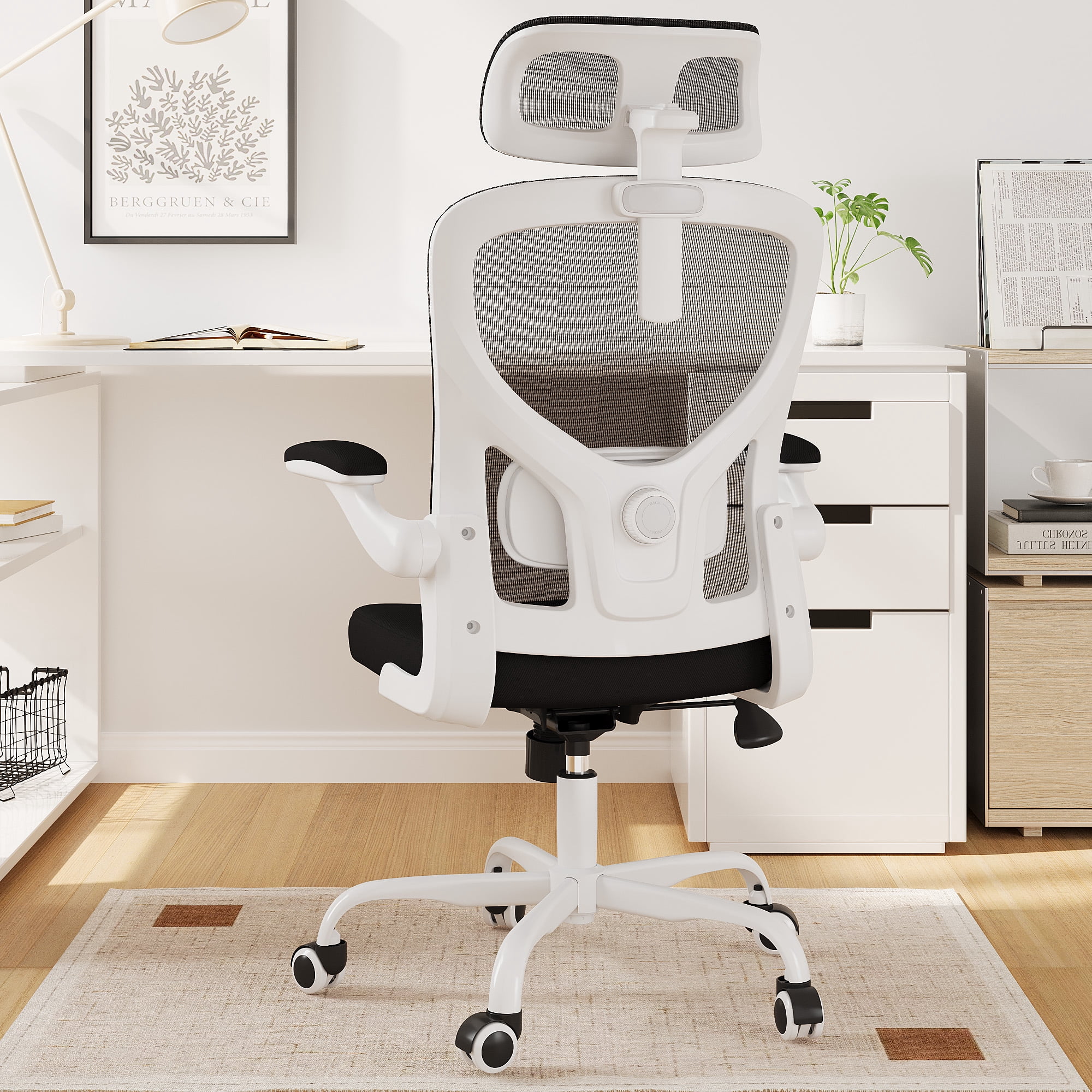 MAYEERTY Ergonomic Home Office Chair with Lumbar Support, Flip-Up Armrests, Headrest for Work & Study,White-black