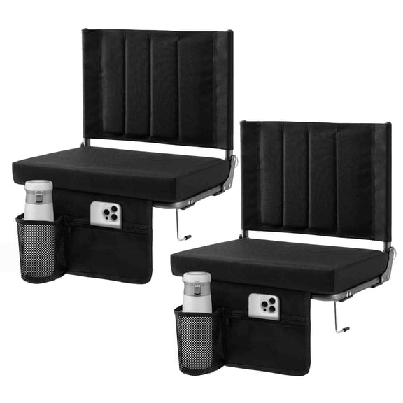 SHOUFTW 2-Pack Stadium Bleacher Chair with Back Support, 350 LBS Capacity, Cup Holder & Storage Pocket, Black