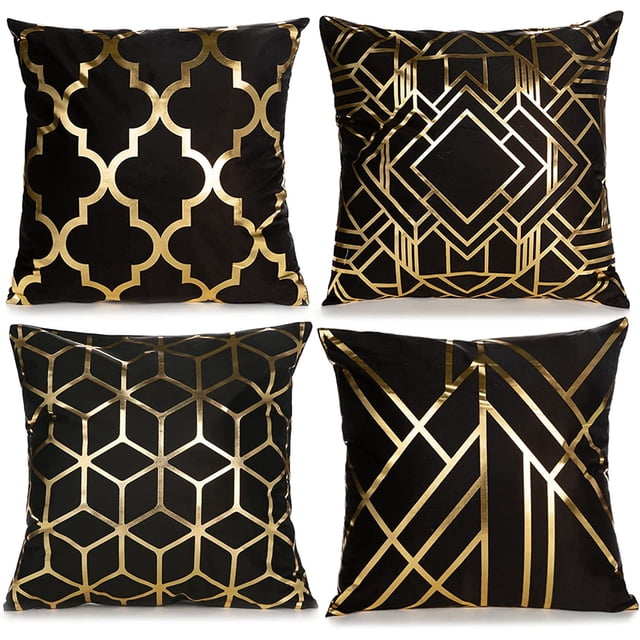 Juego de 4 fundas de cojín NQ diseño geométrico moderno color blanco y negro/dorado con Cremallera invisible
