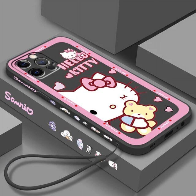 Sanrio Hello Kitty Cartoon Liquid Left Rope For Apple iPhone 15 14 13 12 11 XS XR X 8 7 SE Pro Ultra Max Plus Mini Phone Case LXY